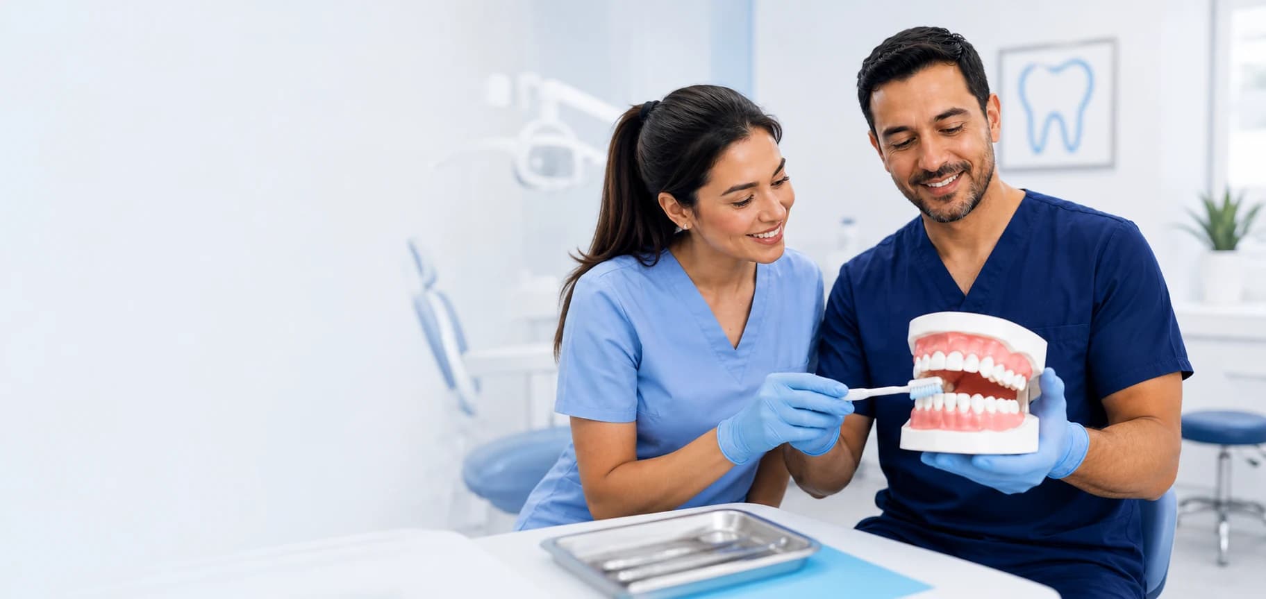 Dos odontólogos explican un tratamiento con un modelo dental